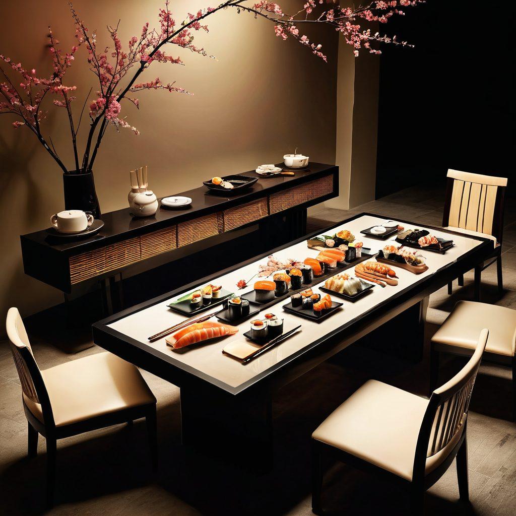 A beautifully set sushi dining table with stylish designer furniture, showcasing elegant plates filled with sushi artfully arranged. Soft ambient lighting enhances the scene, casting warm hues over a minimalist background. Include elements of Japanese decor, like bamboo and cherry blossoms, to enrich the cultural ambiance. Capture the comfort and sophistication of the dining experience. super-realistic. vibrant colors. warm lighting.