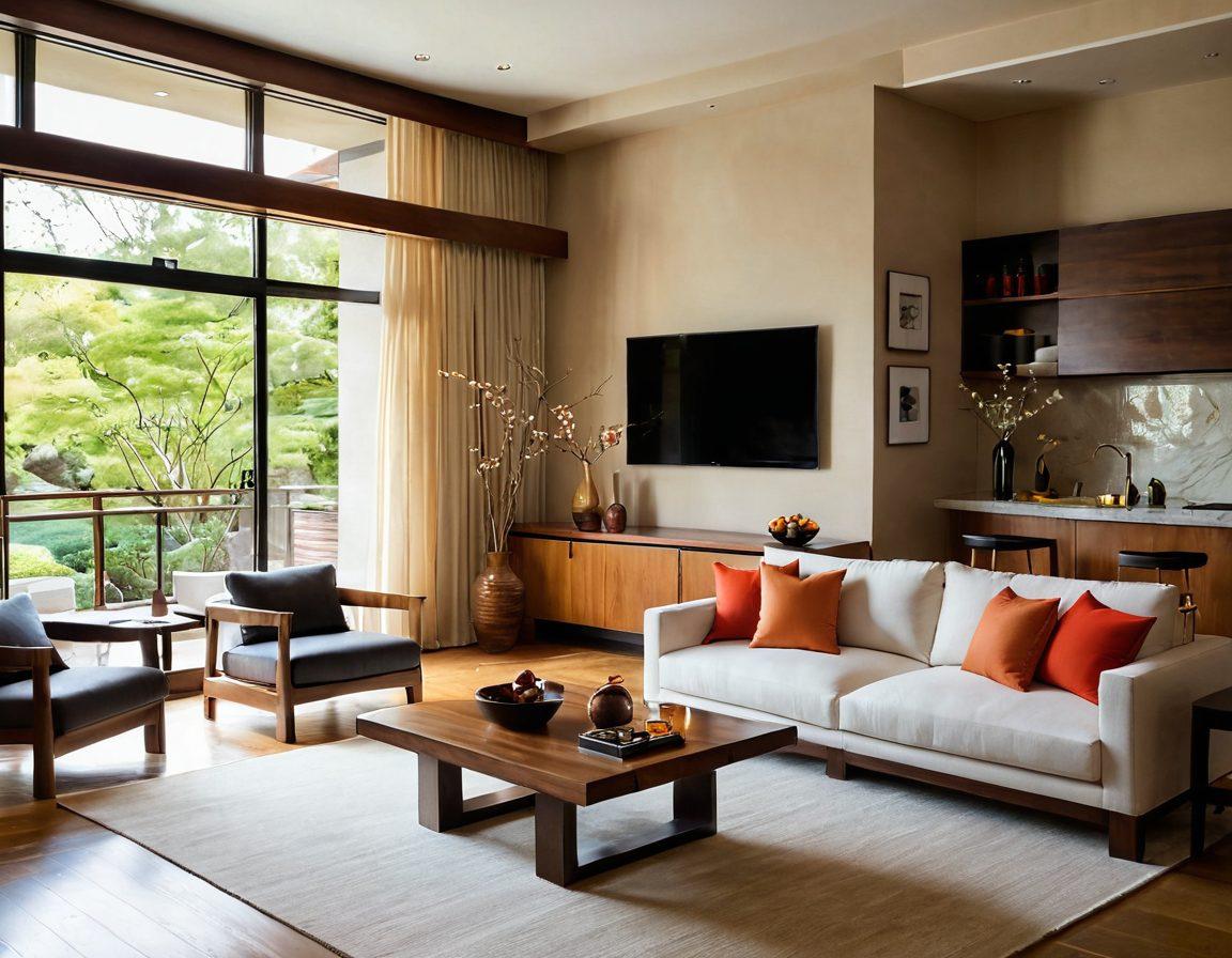An elegant living room showcasing chic furniture with a sushi bar in the background. The space features stylish decor, blending traditional Japanese elements with modern design, incorporating warm wood tones and vibrant accents. The setting should reflect a harmonious balance between comfort and sophistication, with light streaming in through large windows. super-realistic. vibrant colors. minimalist aesthetic.