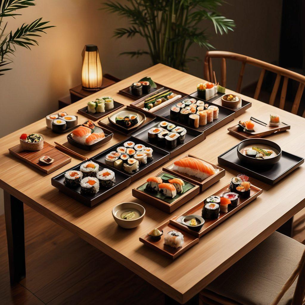 A cozy, modern sushi dining setup featuring elegant wooden furniture, showcasing stylish low tables and comfortable seating. Include beautifully arranged sushi plates on the table, with bamboo decor elements and soft ambient lighting to create a warm atmosphere. Highlight Asian-inspired patterns on cushions and tableware. super-realistic. warm tones. minimalist design.